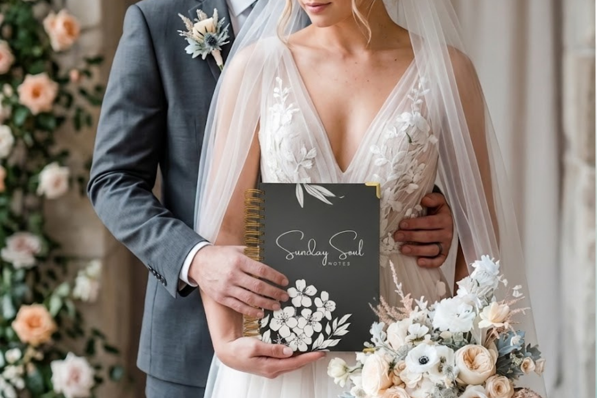Bride holding a Sunday Soul Notes® Christian keepsake journal with her groom on their wedding day. It is a luxury wedding favor and gift.